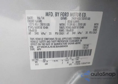 2014 Ford Edge Sel из США, поврежденный, VIN 2FMDK3J93EBA88909